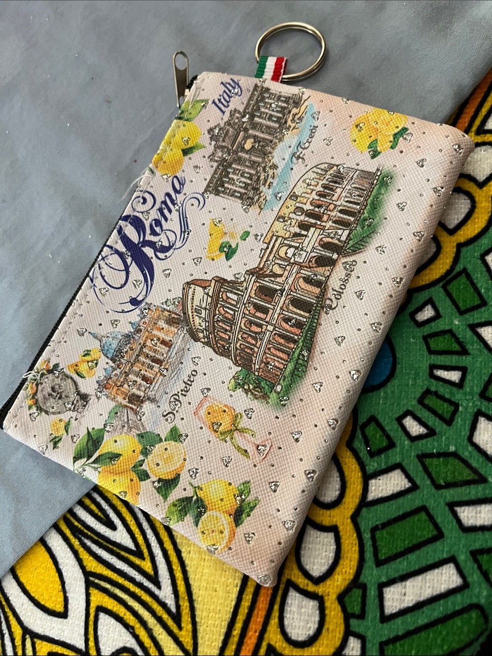 #12 - NWOT Lemon-Themed Roma Printed Zip Pouch w/Historic Sites & Silver Glitter